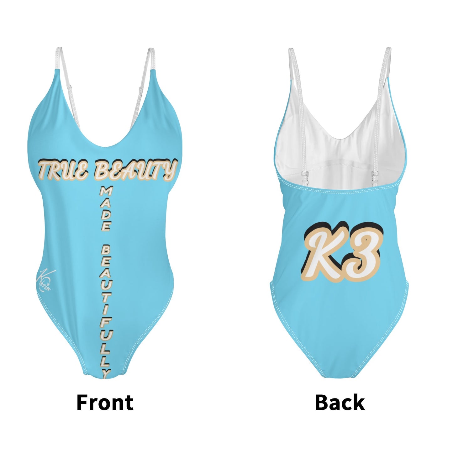 3TG True Beauty Baby Blue, White and Tan One Piece V-neck Low Back Bikini