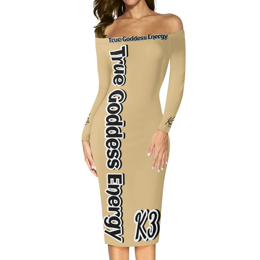 3TG True Goddess Energy (Coffee & Cream) Off The Shoulder Long Sleeve Elegant Wrap Dress