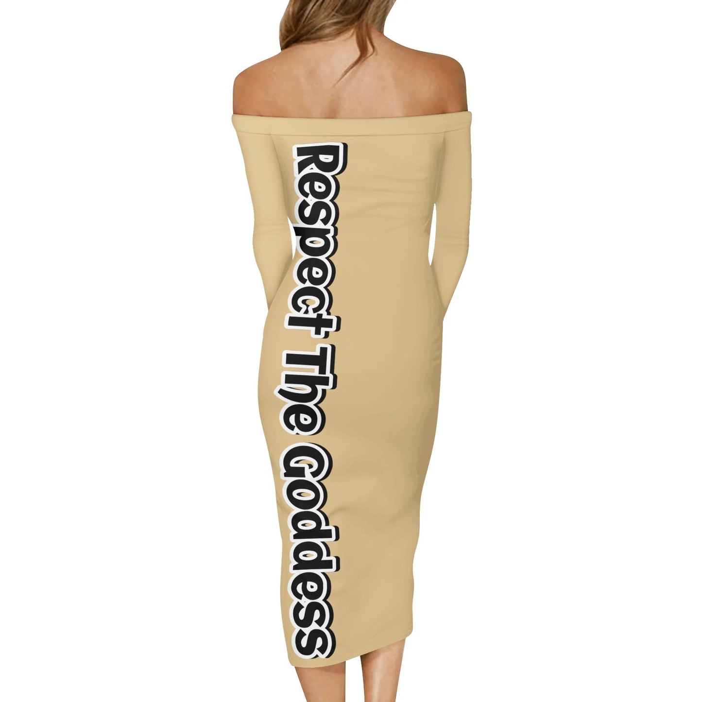 3TG True Goddess Energy (Coffee & Cream) Off The Shoulder Long Sleeve Elegant Wrap Dress