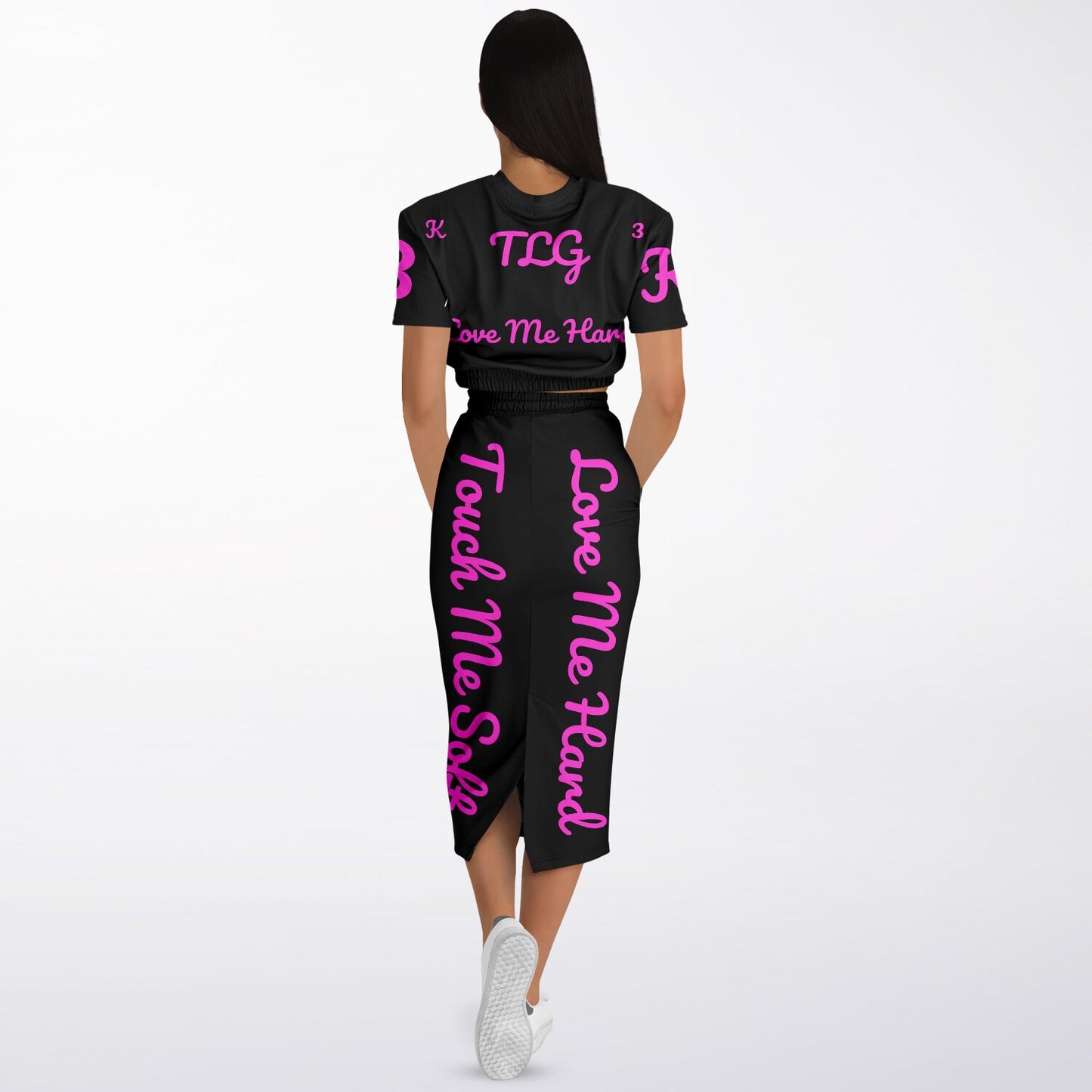 3TG True Lover Girl Cropped Short Sleeve Sweatshirt and Skirt Set (Pink & Black)