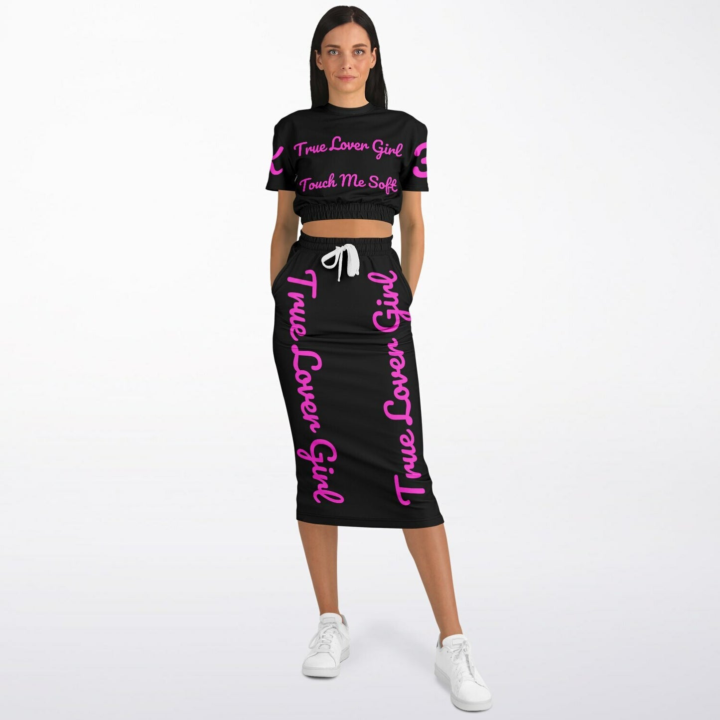 3TG True Lover Girl Cropped Short Sleeve Sweatshirt and Skirt Set (Pink & Black)