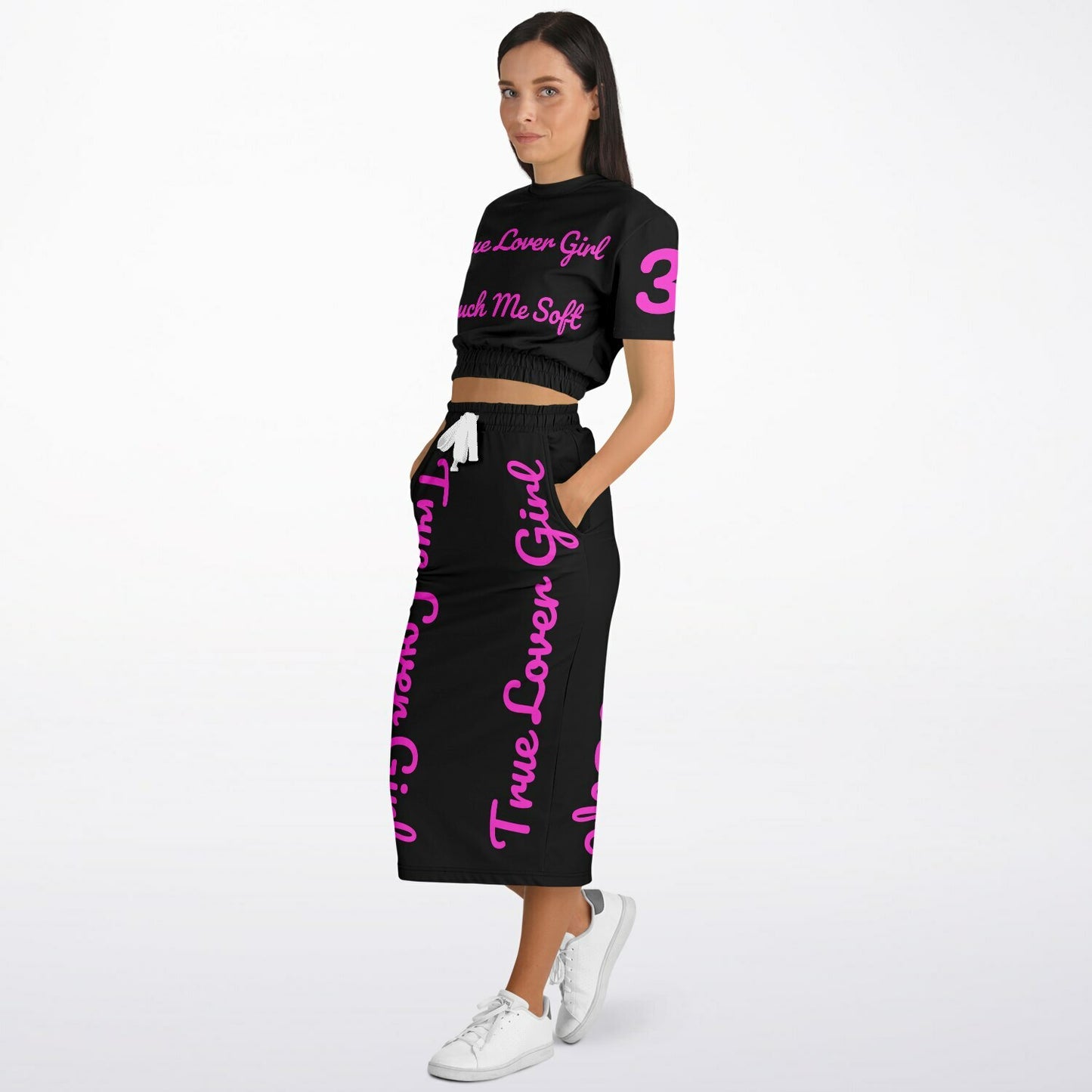 3TG True Lover Girl Cropped Short Sleeve Sweatshirt and Skirt Set (Pink & Black)