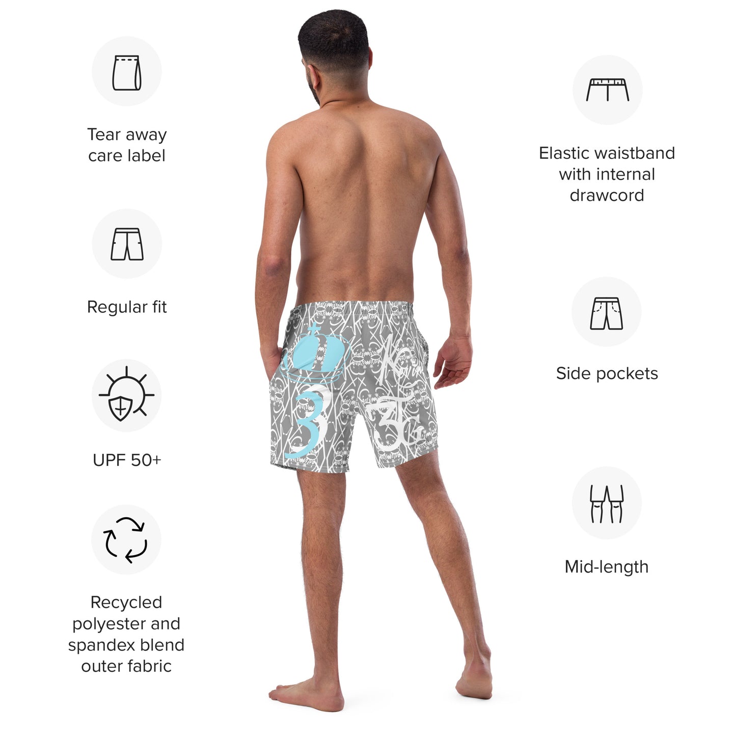 3TG King Built Men's swim trunks (Grey Cloud Edition)