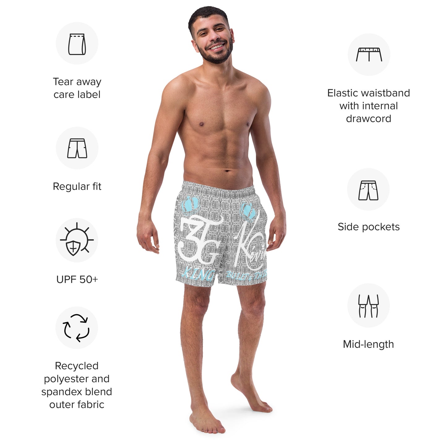 3TG King Built Men's swim trunks (Grey Cloud Edition)