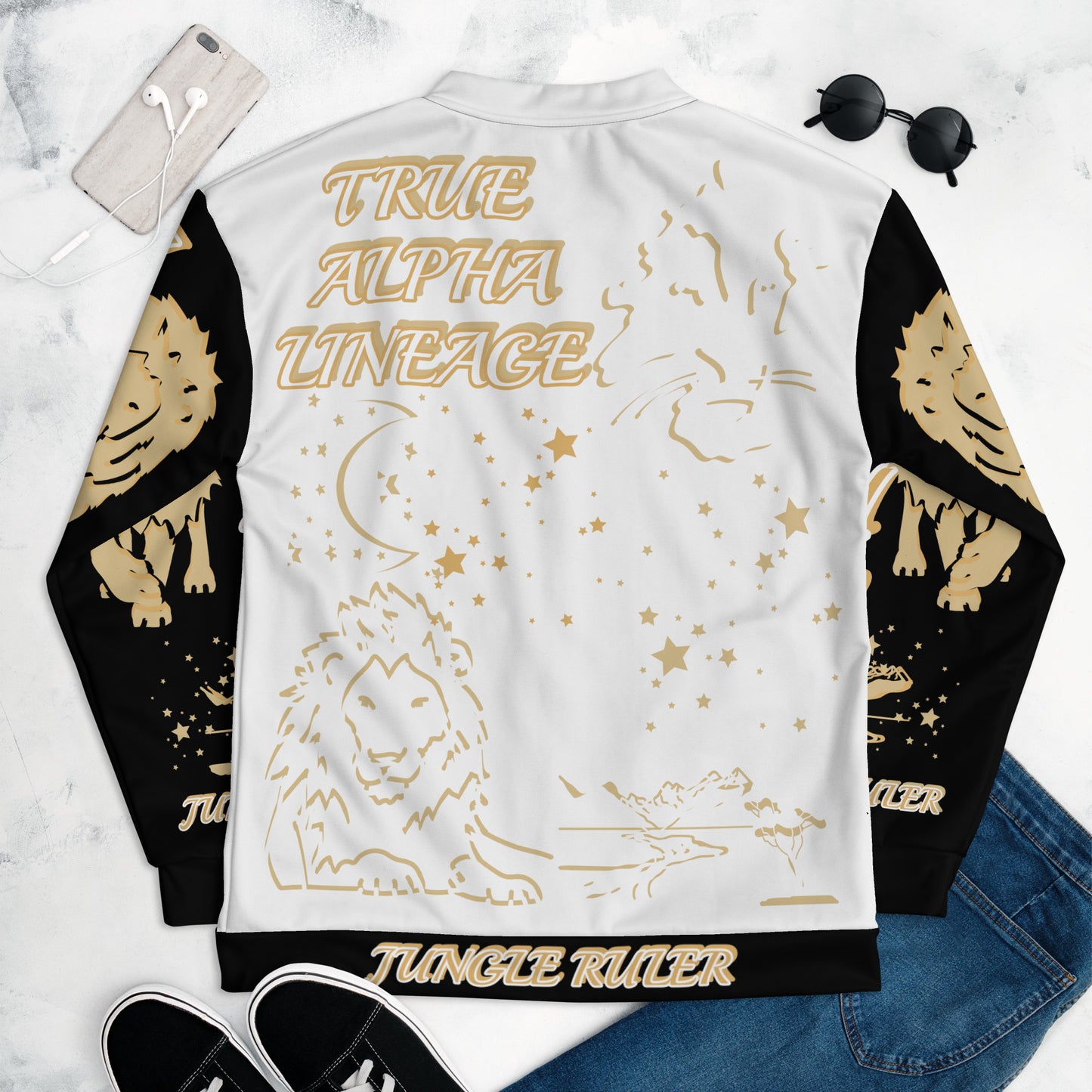 3TG True Alpha (White Gold Onyx King Lineage Lion Print) Bomber Jacket