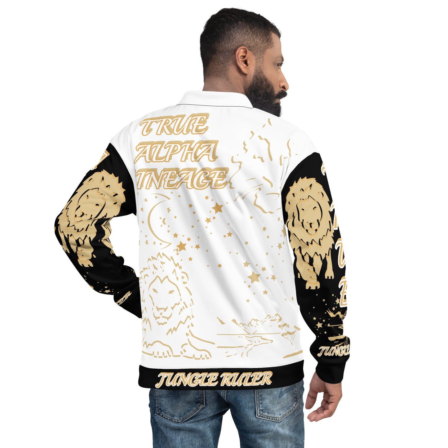 3TG True Alpha (White Gold Onyx King Lineage Lion Print) Bomber Jacket