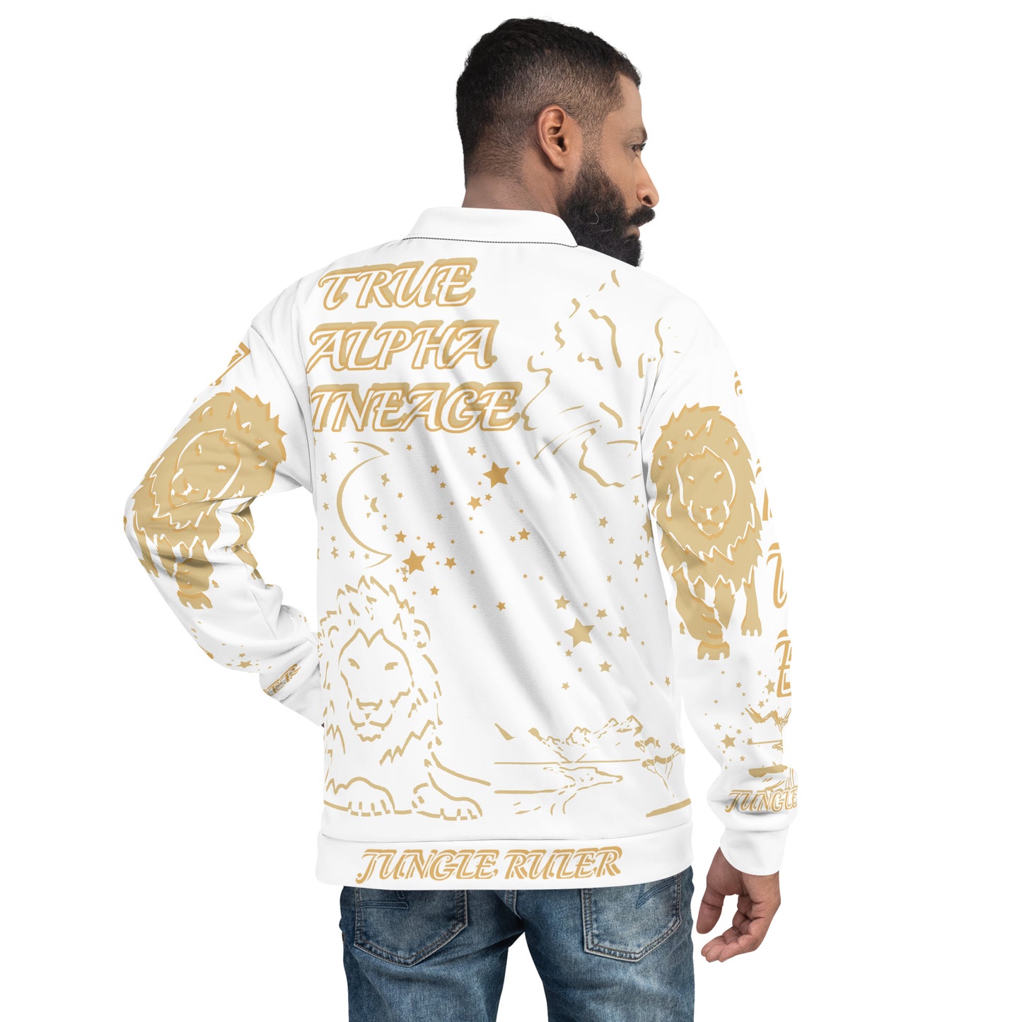 3TG True Alpha (White Gold King Lineage Lion Print) Bomber Jacket