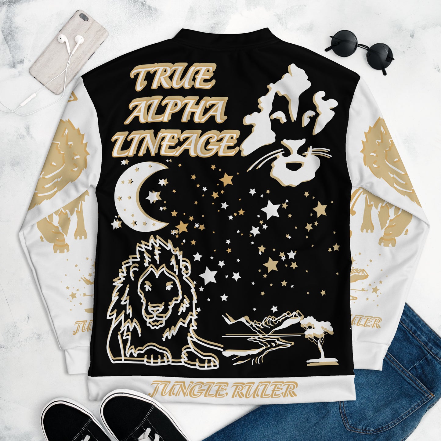 3TG True Alpha (Black Gold King Lineage Lion Print) Bomber Jacket