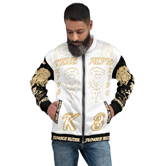 3TG True Alpha (White Gold Onyx King Lineage Lion Print) Bomber Jacket