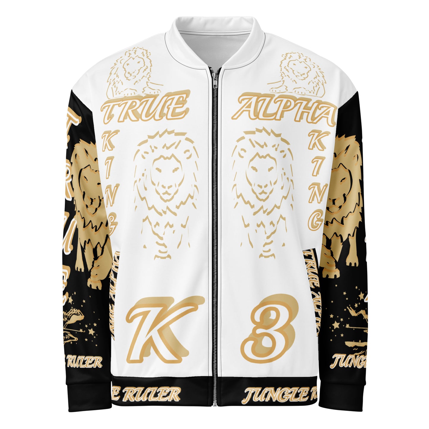 3TG True Alpha (White Gold Onyx King Lineage Lion Print) Bomber Jacket