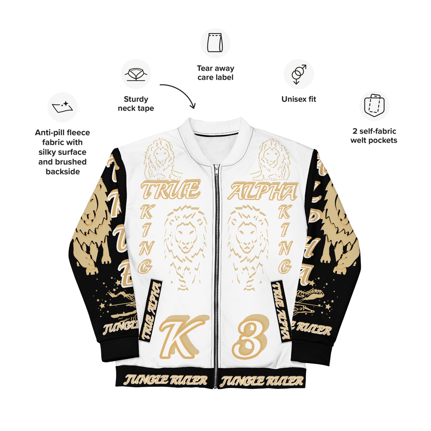 3TG True Alpha (White Gold Onyx King Lineage Lion Print) Bomber Jacket