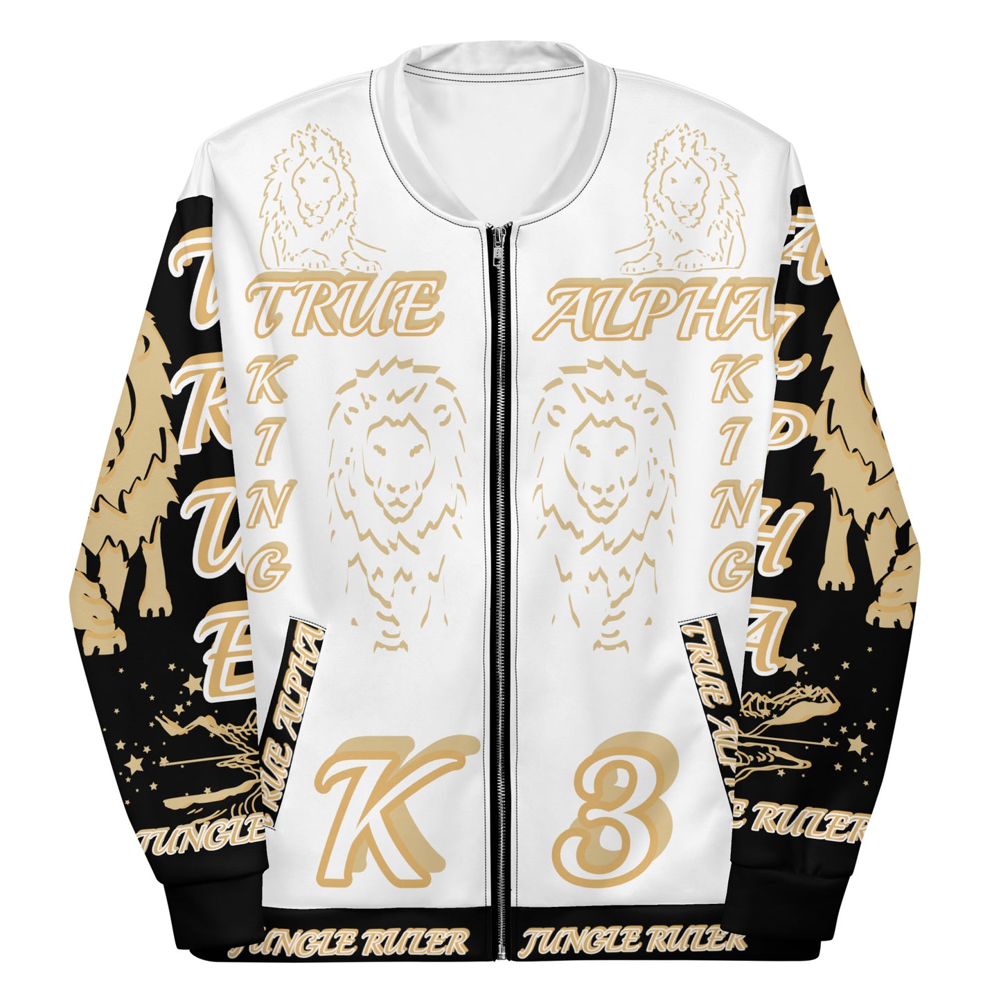 3TG True Alpha (White Gold Onyx King Lineage Lion Print) Bomber Jacket