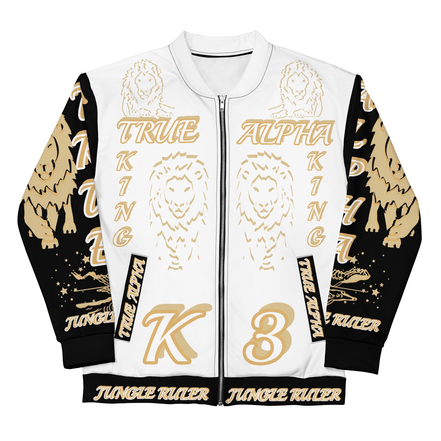 3TG True Alpha (White Gold Onyx King Lineage Lion Print) Bomber Jacket