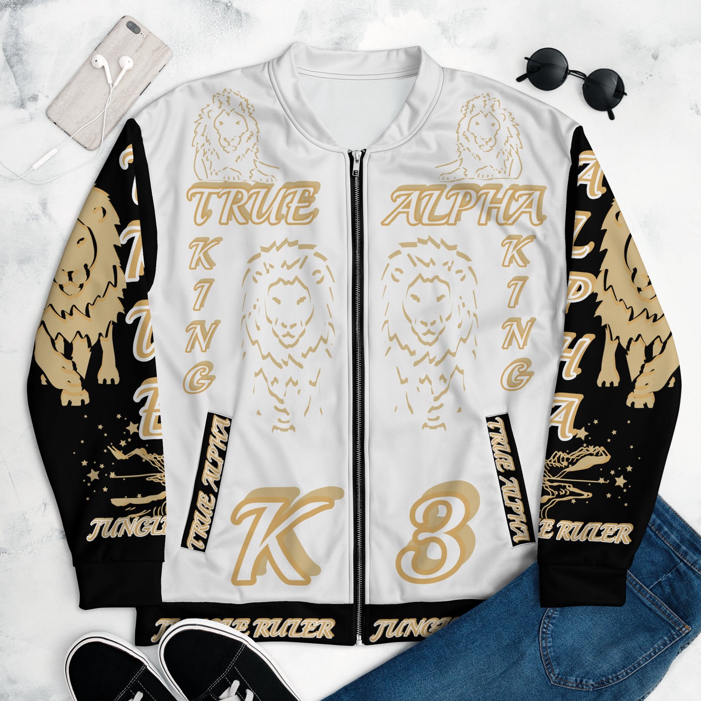 3TG True Alpha (White Gold Onyx King Lineage Lion Print) Bomber Jacket