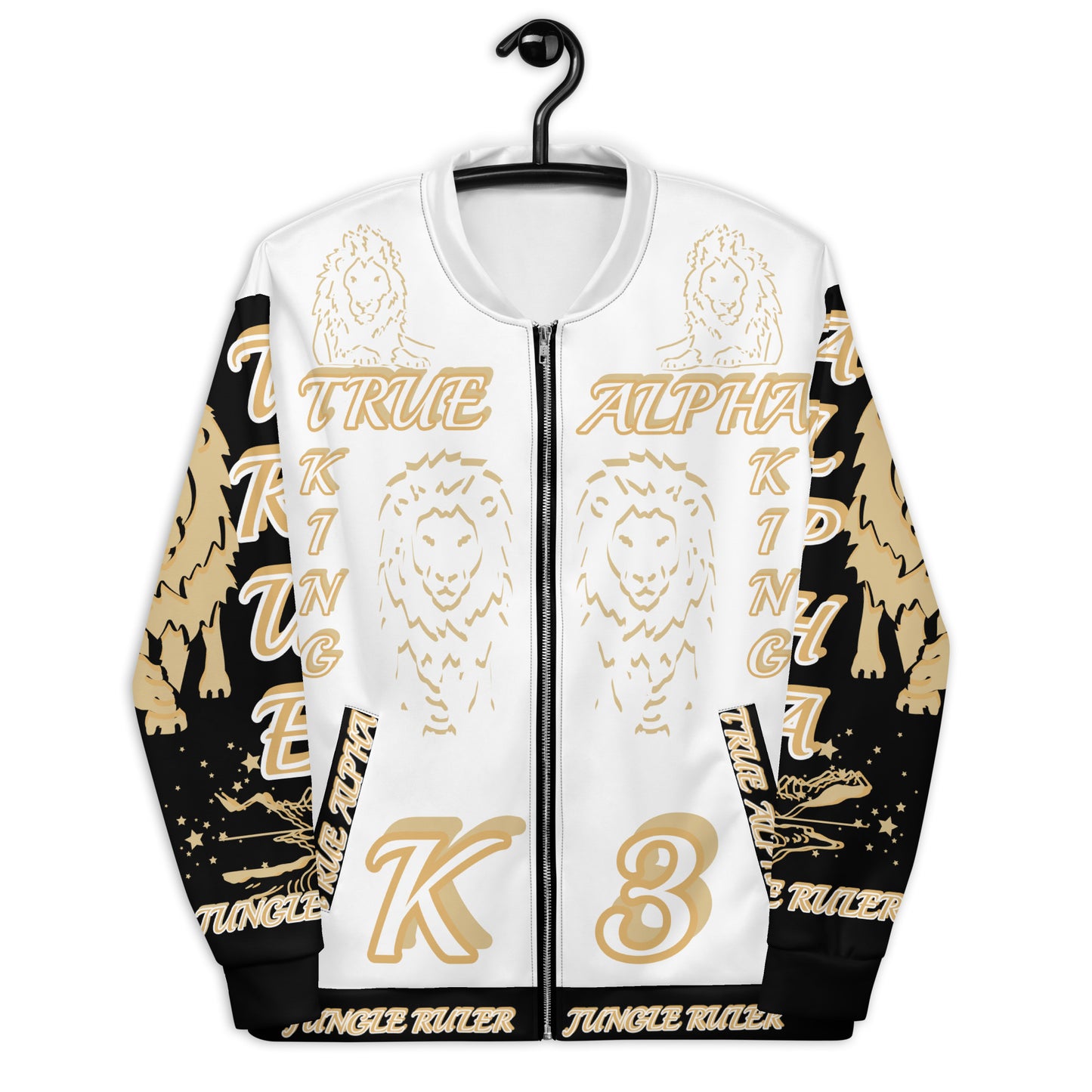 3TG True Alpha (White Gold Onyx King Lineage Lion Print) Bomber Jacket