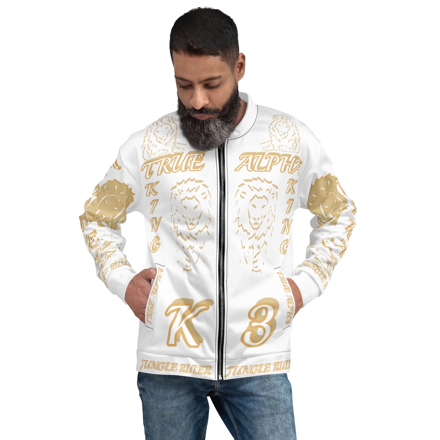 3TG True Alpha (White Gold King Lineage Lion Print) Bomber Jacket