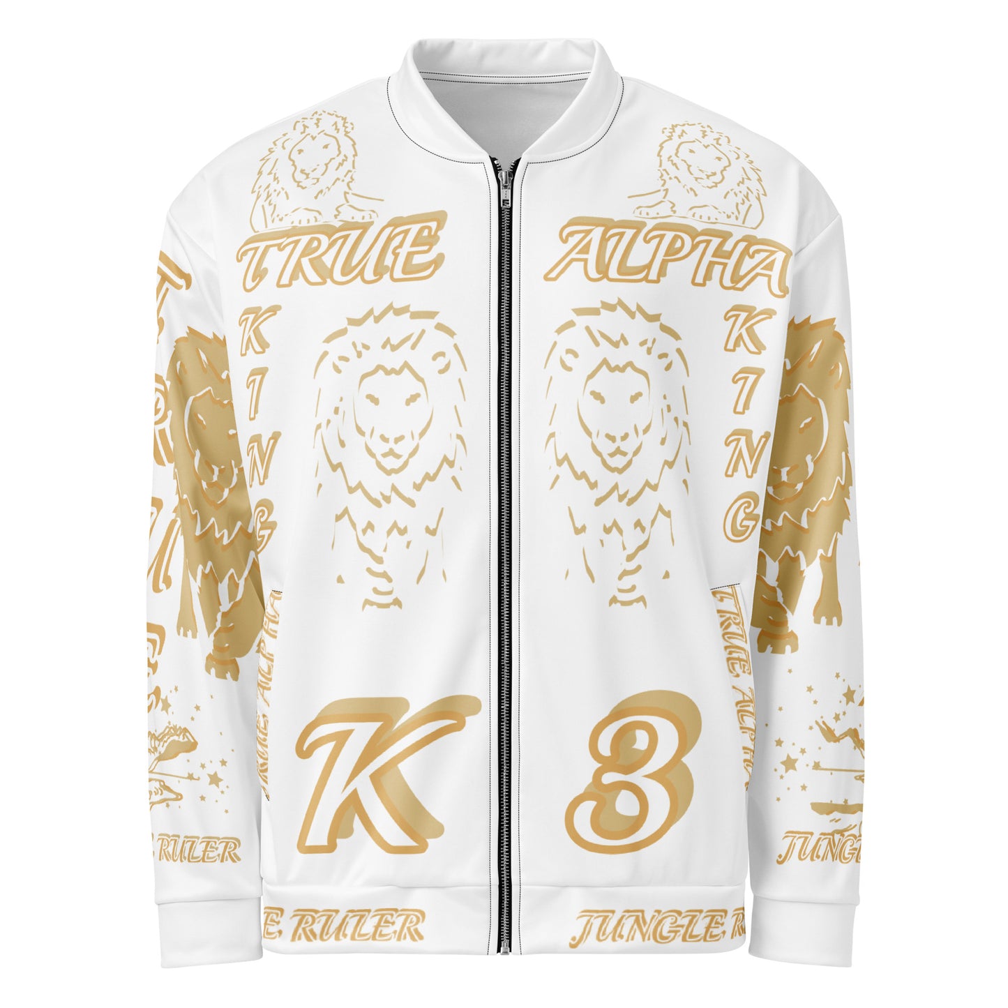 3TG True Alpha (White Gold King Lineage Lion Print) Bomber Jacket