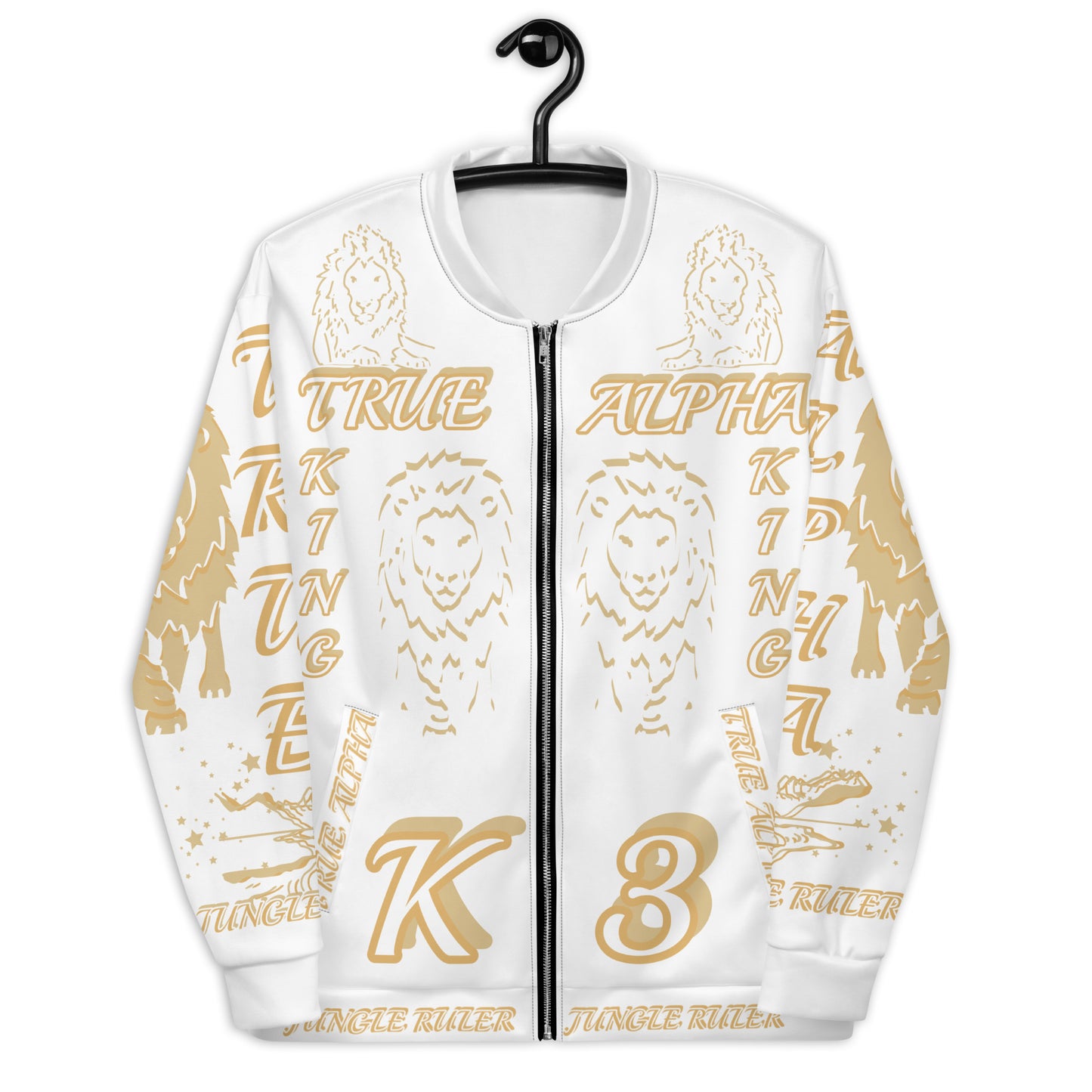 3TG True Alpha (White Gold King Lineage Lion Print) Bomber Jacket