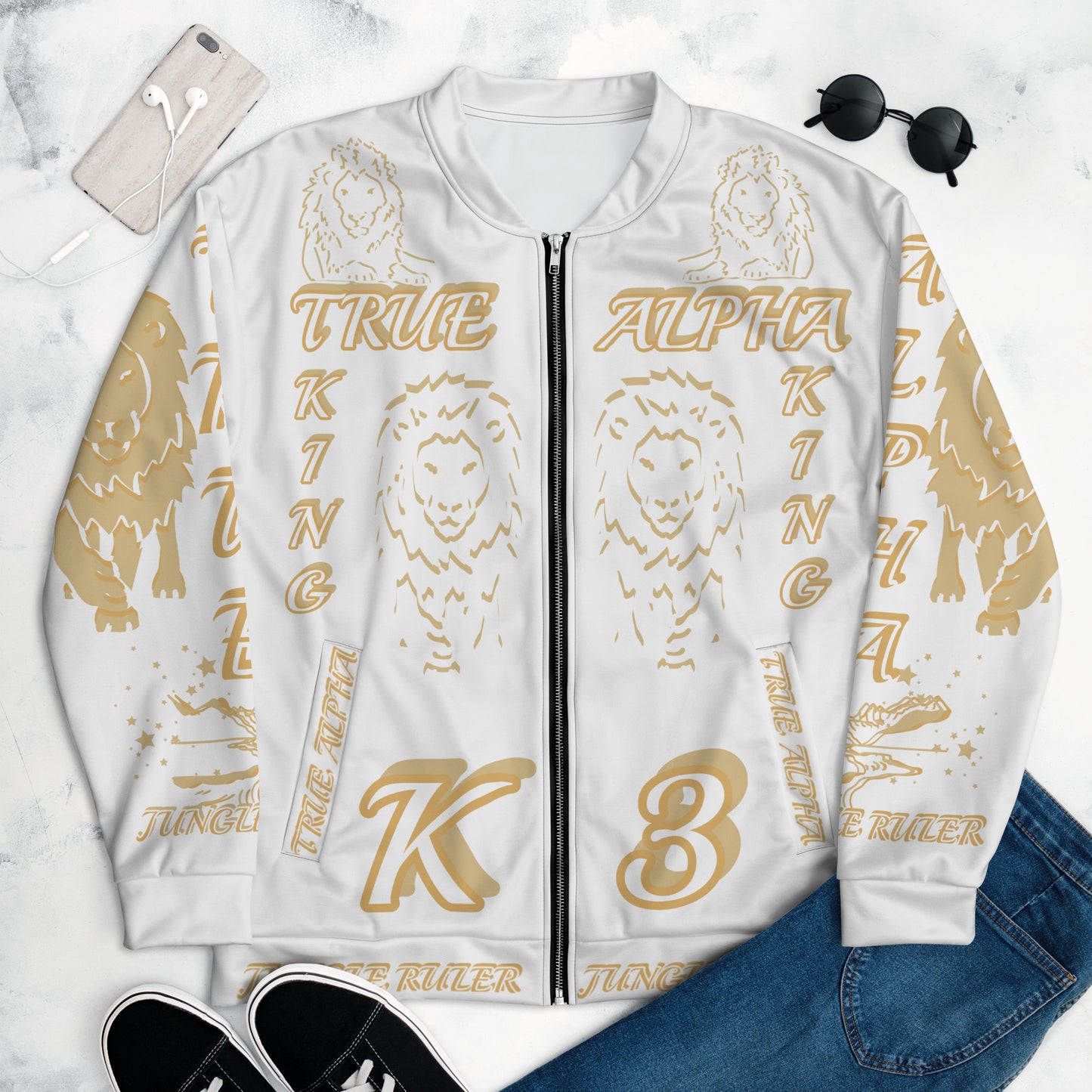 3TG True Alpha (White Gold King Lineage Lion Print) Bomber Jacket