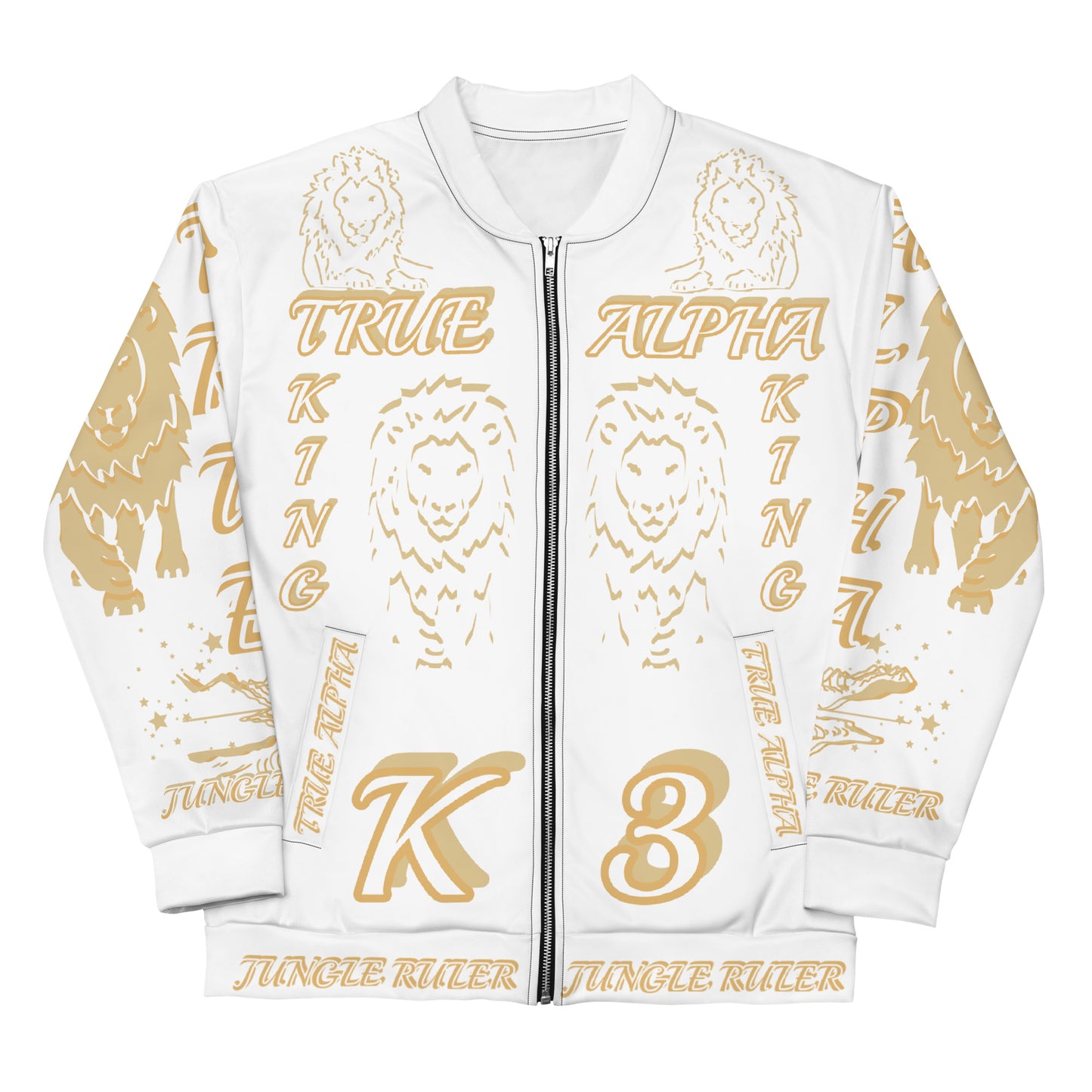 3TG True Alpha (White Gold King Lineage Lion Print) Bomber Jacket