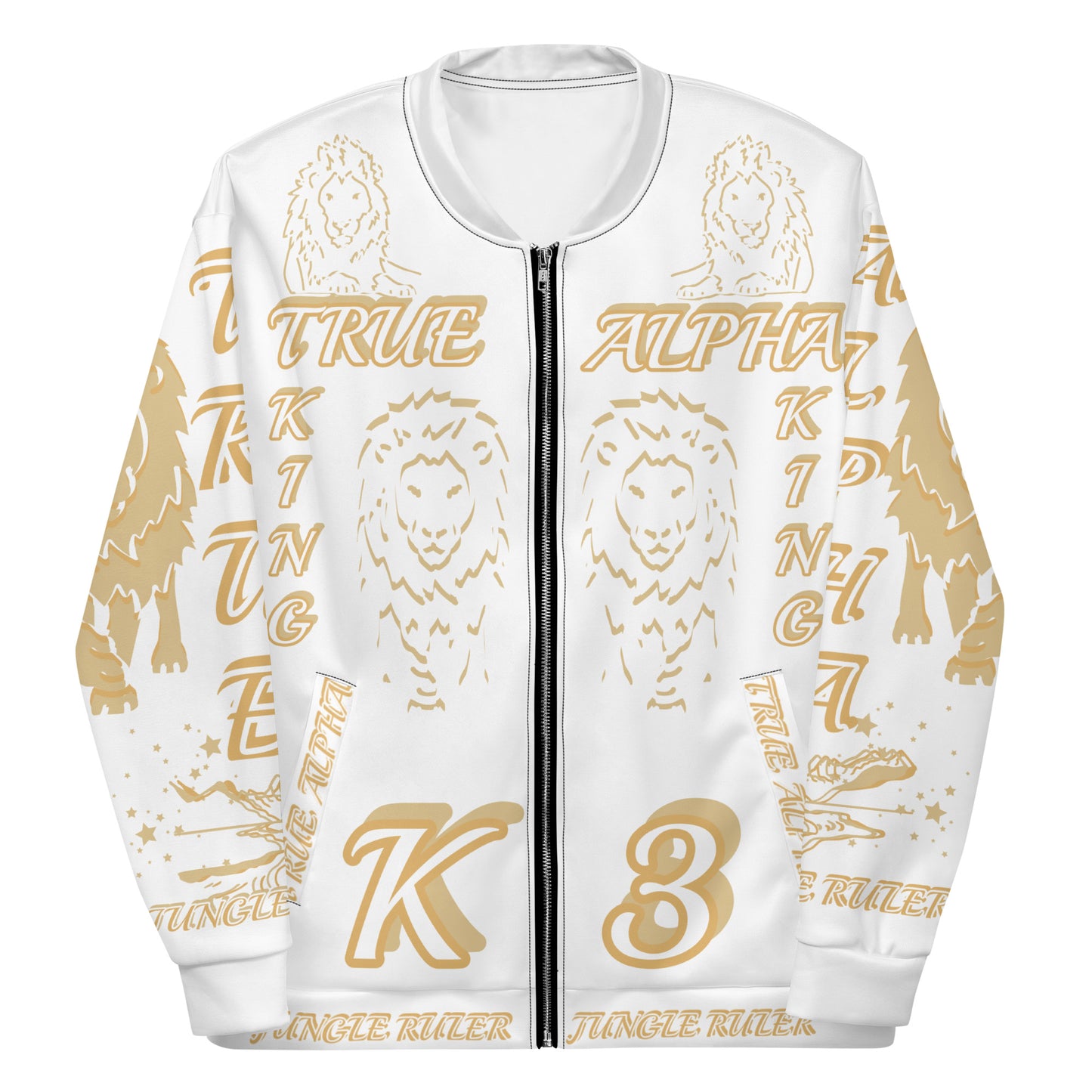 3TG True Alpha (White Gold King Lineage Lion Print) Bomber Jacket