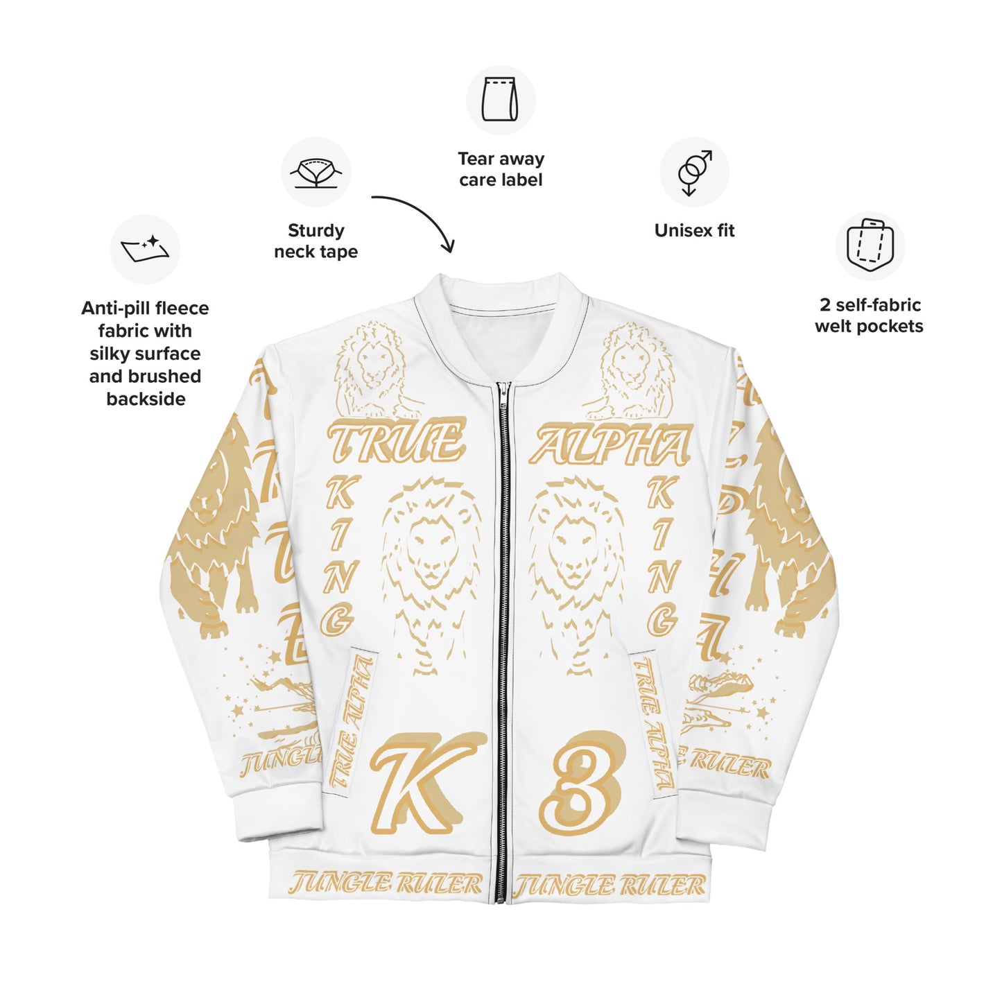 3TG True Alpha (White Gold King Lineage Lion Print) Bomber Jacket