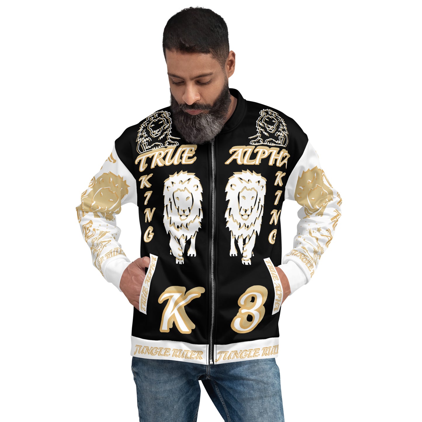 3TG True Alpha (Black Gold King Lineage Lion Print) Bomber Jacket