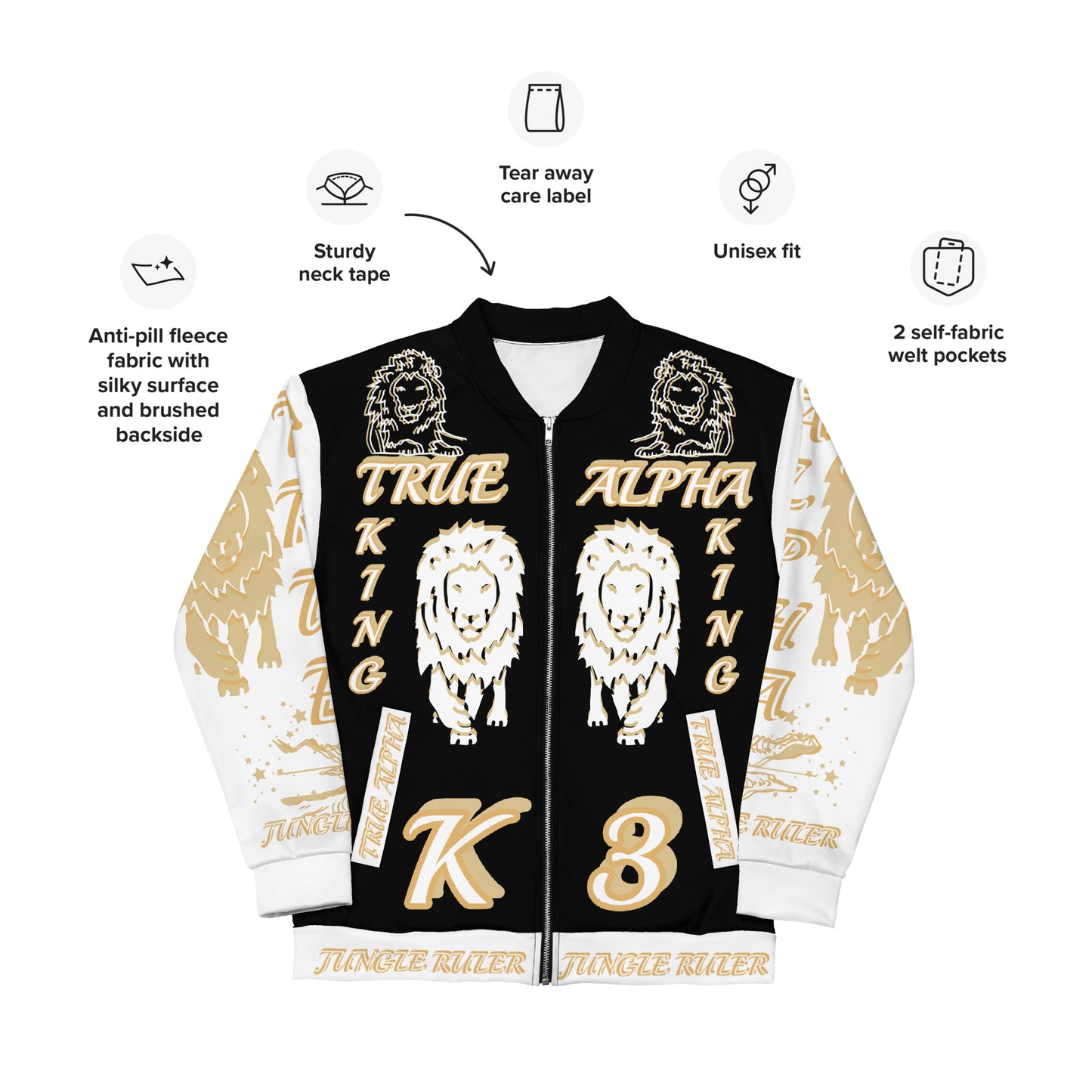 3TG True Alpha (Black Gold King Lineage Lion Print) Bomber Jacket