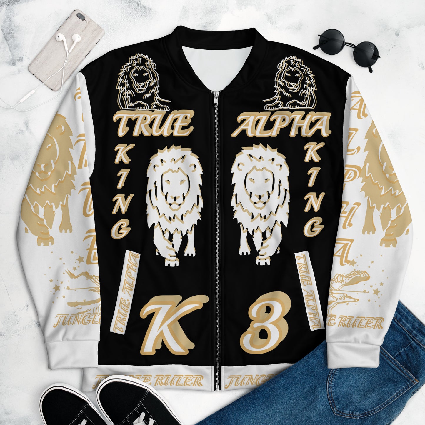 3TG True Alpha (Black Gold King Lineage Lion Print) Bomber Jacket