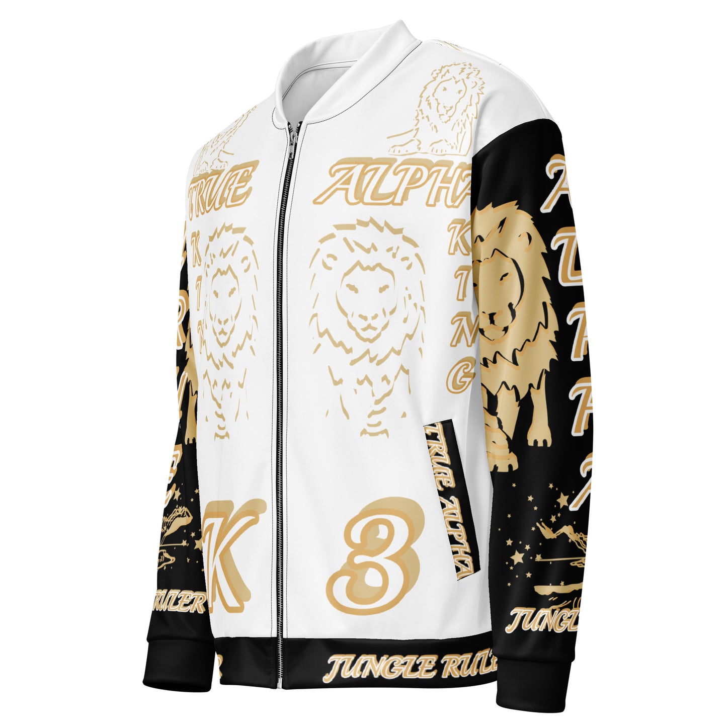 3TG True Alpha (White Gold Onyx King Lineage Lion Print) Bomber Jacket