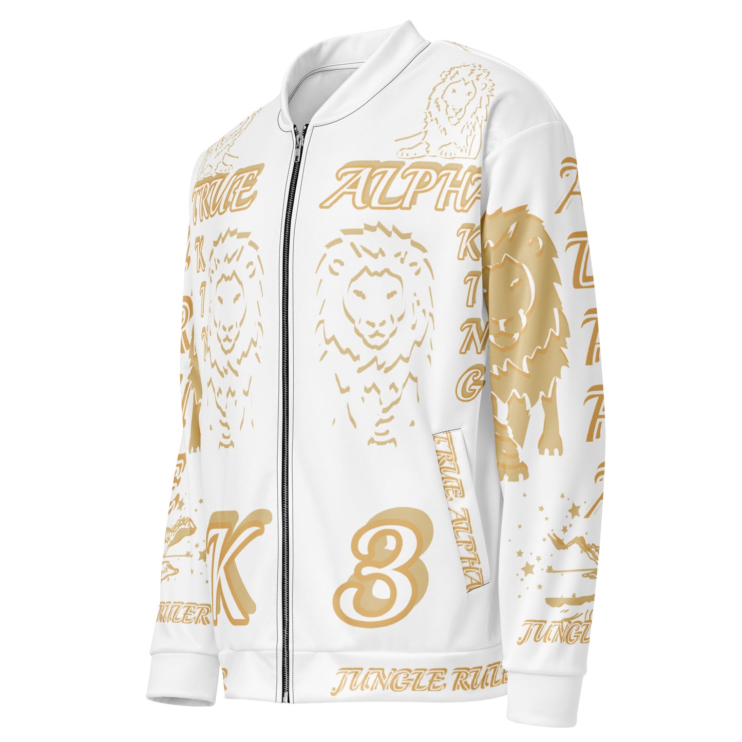 3TG True Alpha (White Gold King Lineage Lion Print) Bomber Jacket