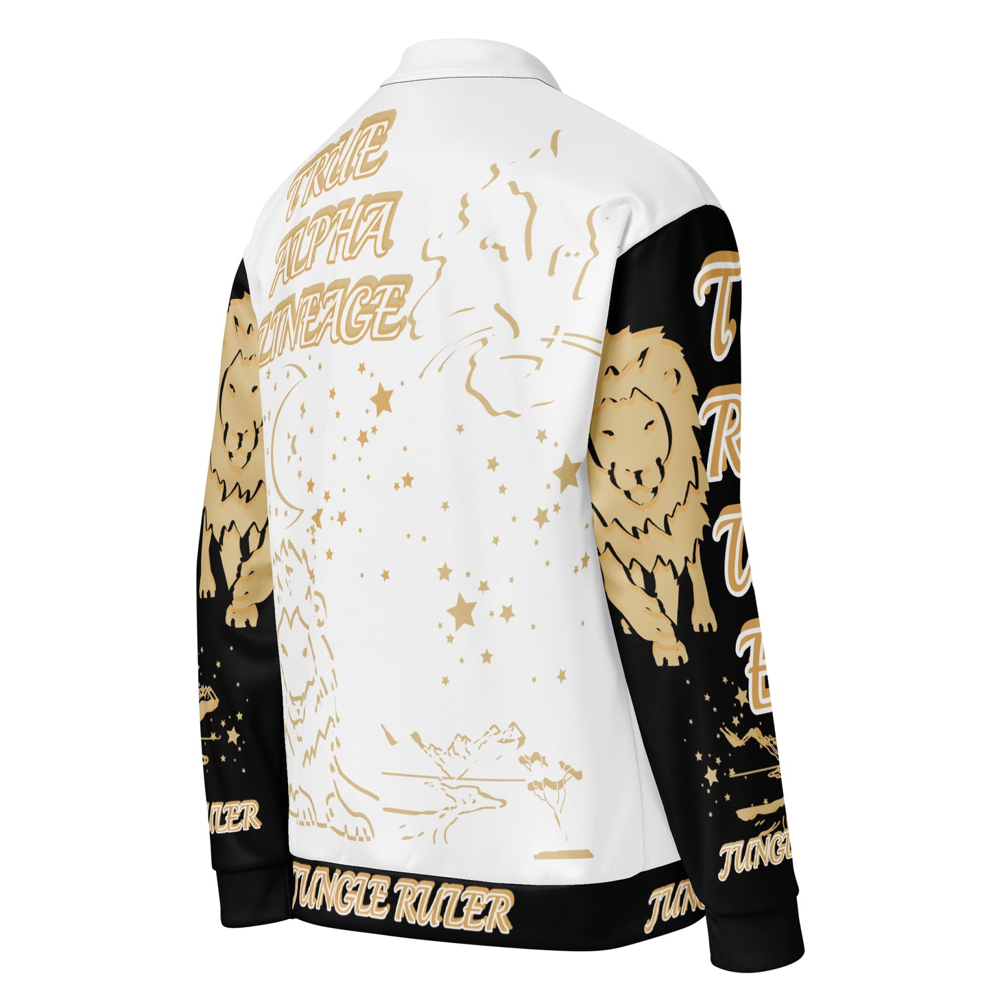 3TG True Alpha (White Gold Onyx King Lineage Lion Print) Bomber Jacket