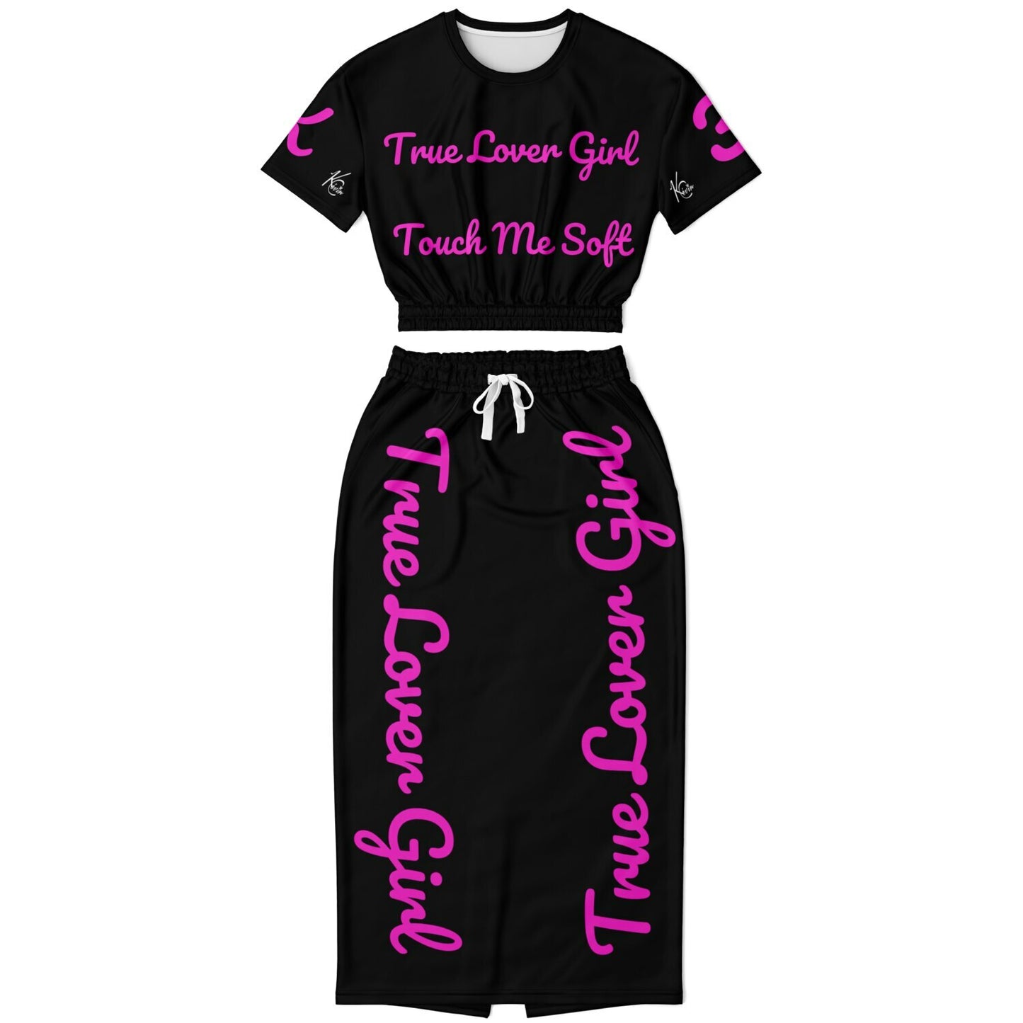 3TG True Lover Girl Cropped Short Sleeve Sweatshirt and Skirt Set (Pink & Black)